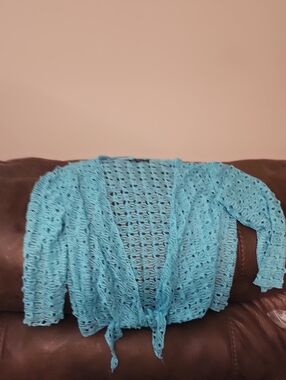Kaktus Turquoise Open-Knit Tie-Front Sweater Shrug